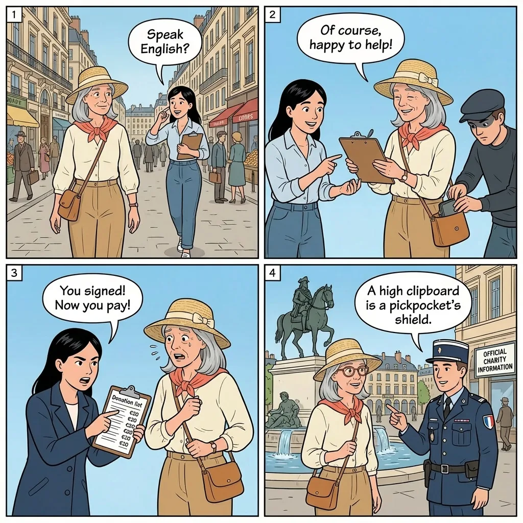 Fake Charity/Petition Scam — comic illustration