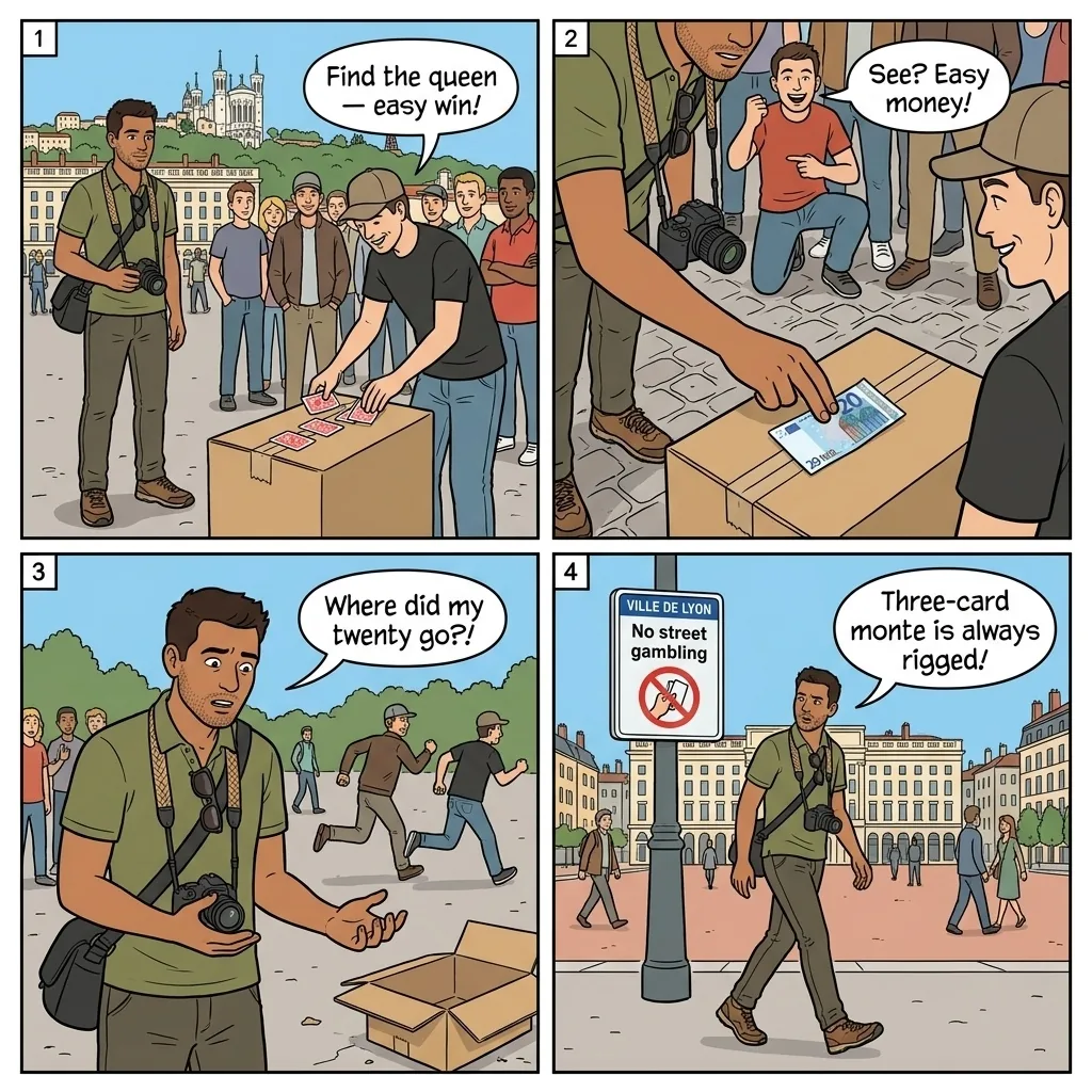 Shell Game / Three-Card Monte — comic illustration