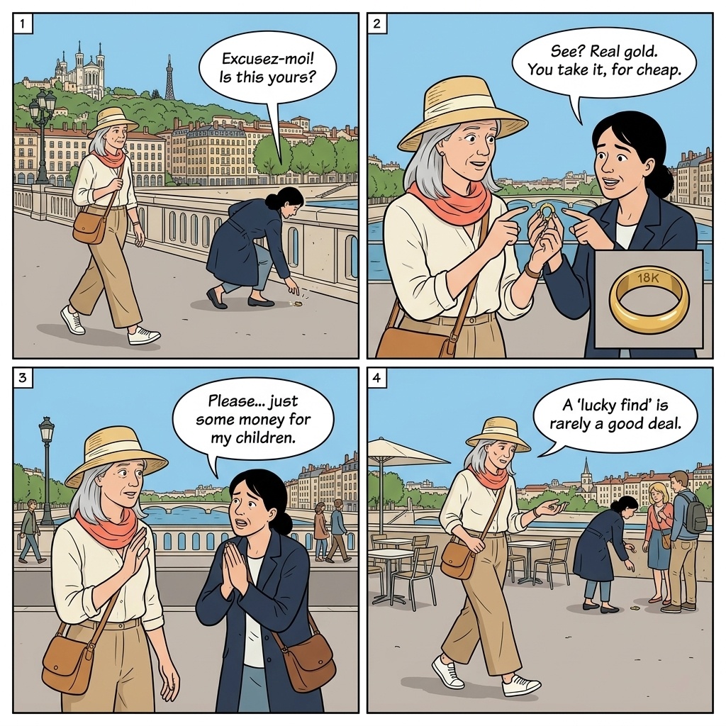 Lyon Pont Bonaparte gold ring scam comic — operator bending on the Saône bridge cobbles to pick up a fake ring while a tourist couple approaches