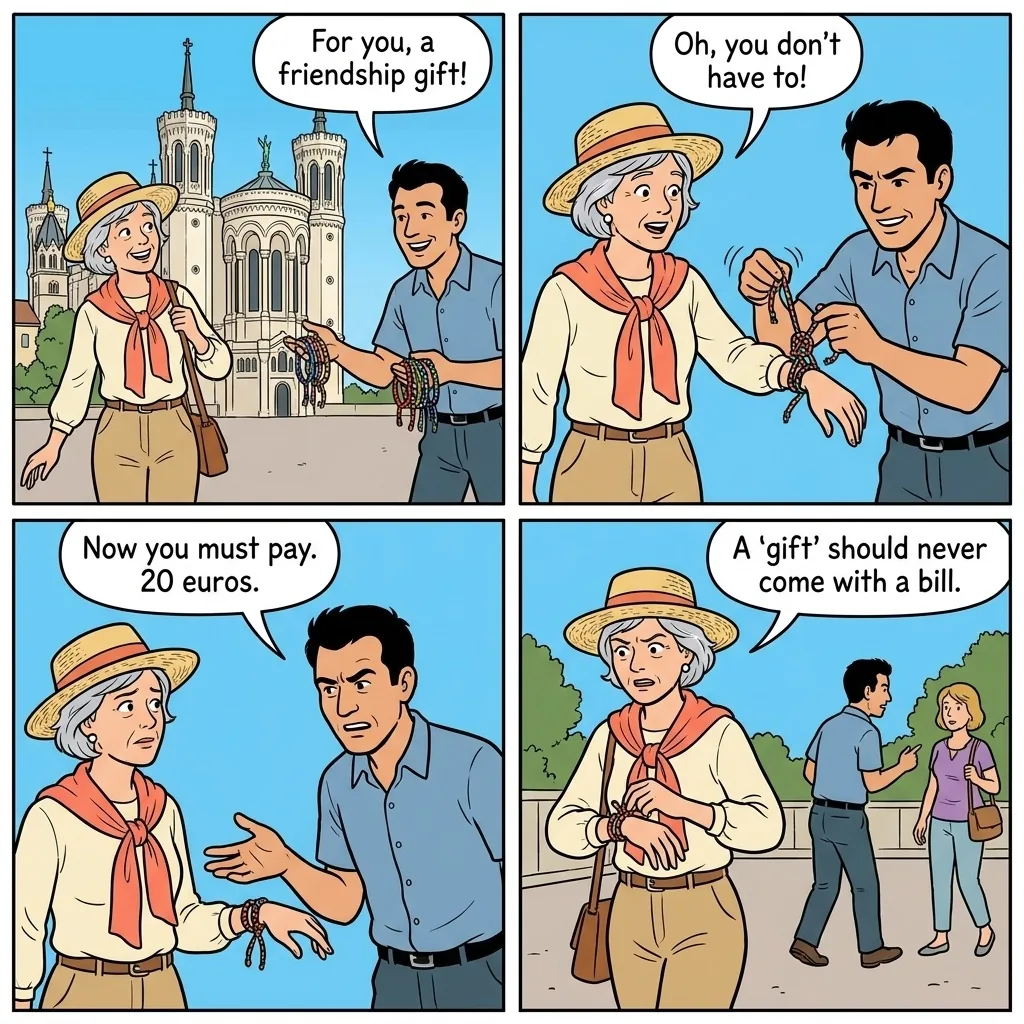 Friendship Bracelet Scam — comic illustration