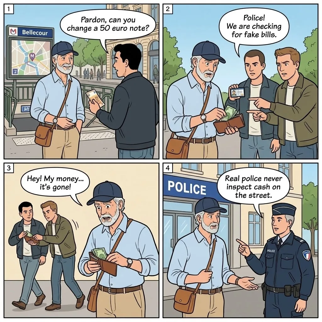Fake Police Scam — comic illustration