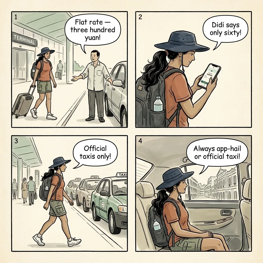Macau Taxi Overcharge & 'Black Taxi' at Ferry Terminals — comic illustration