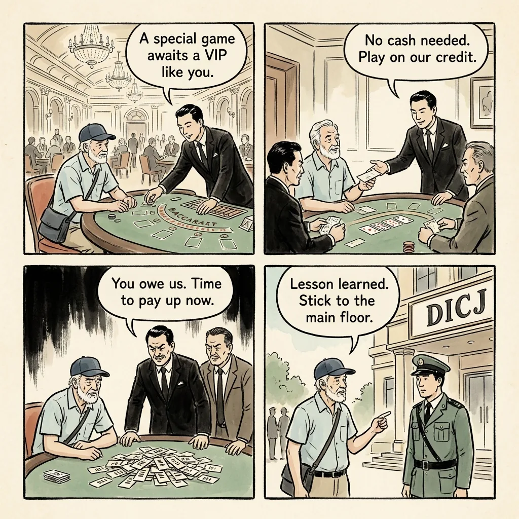 Casino VIP Room 'Junket' & Rigged Private-Game Scams — comic illustration