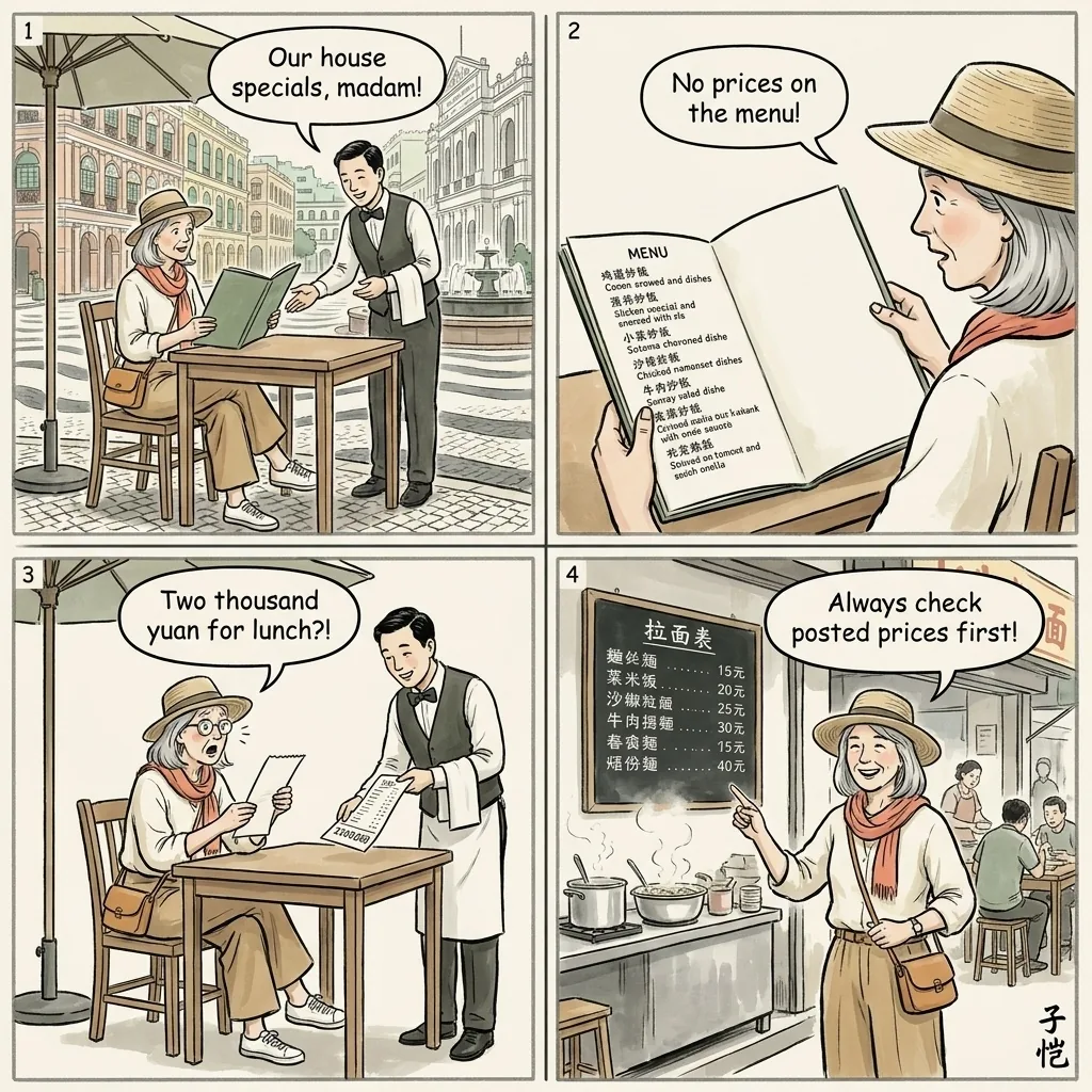 Senado Square Tourist-Menu Restaurant Overcharge — comic illustration
