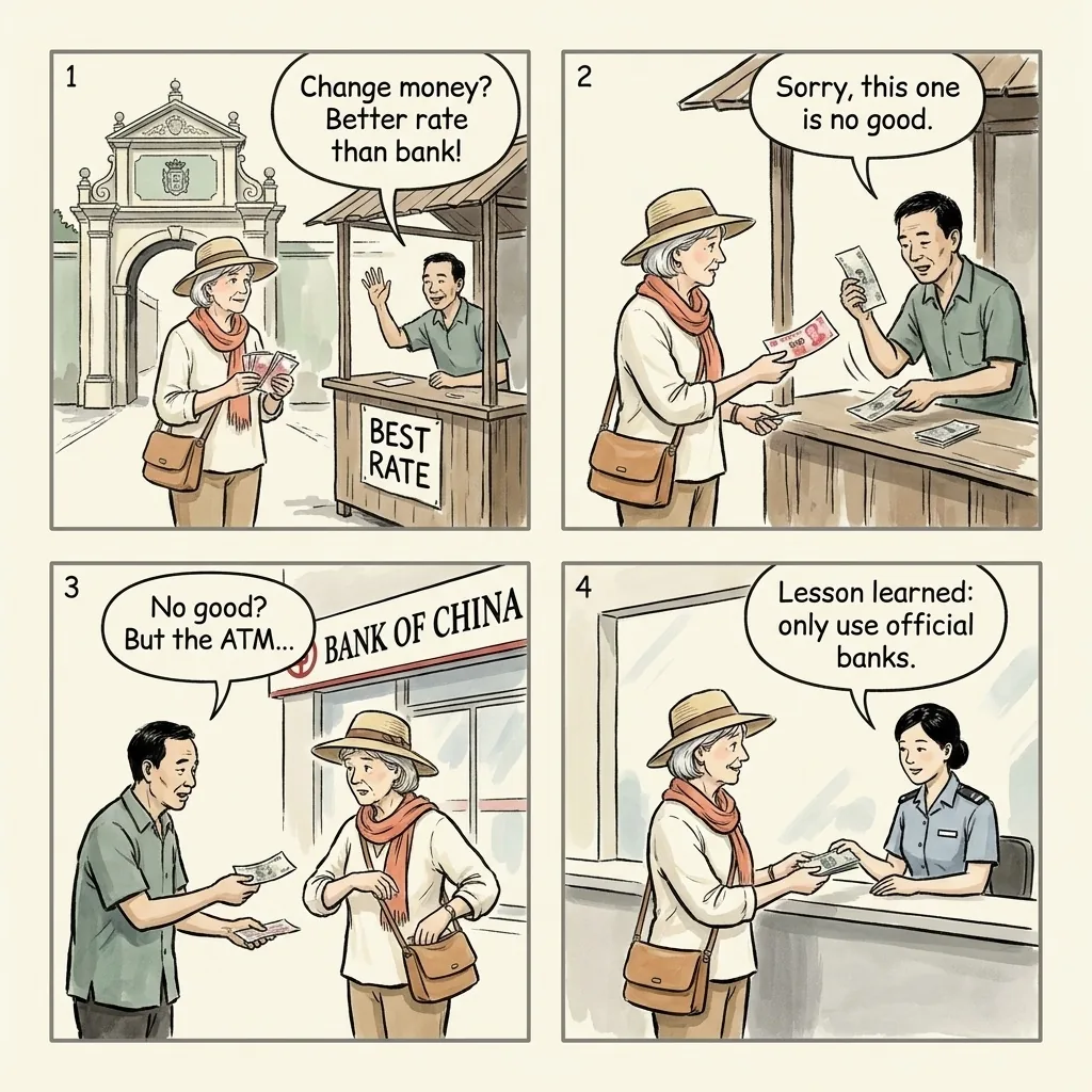 Portas do Cerco & Senado Square Currency-Booth Swap — comic illustration