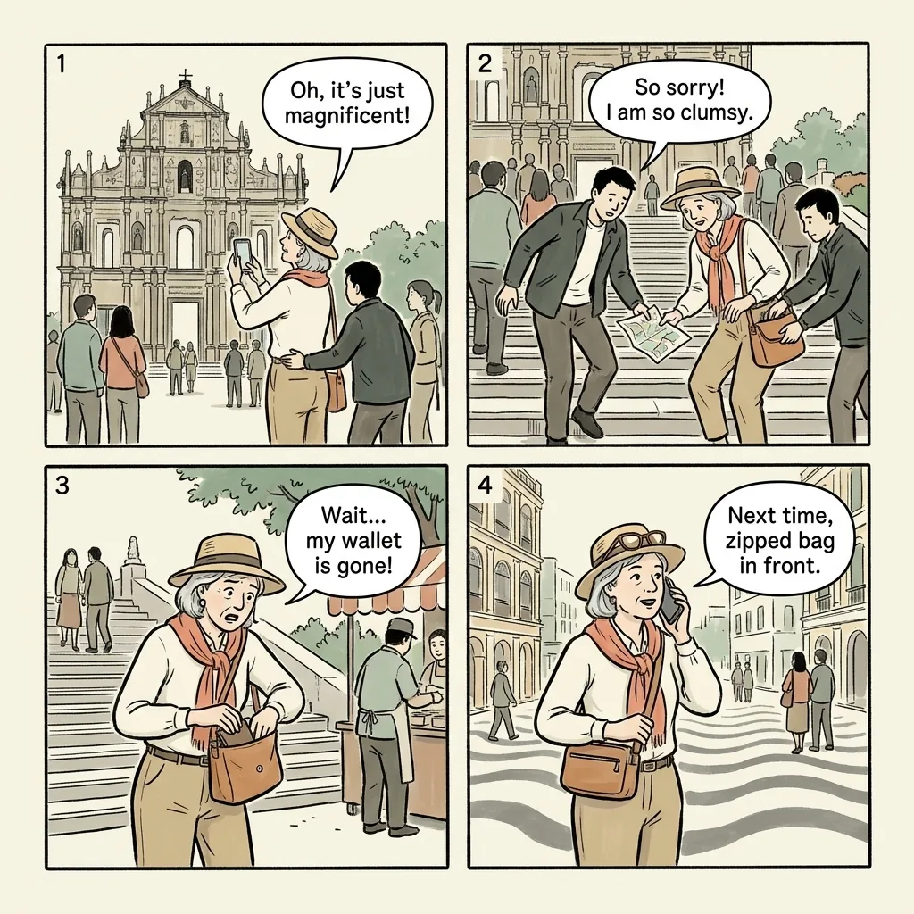 Tourist-Area Pickpockets at St. Paul's Ruins & A-Ma Temple — comic illustration
