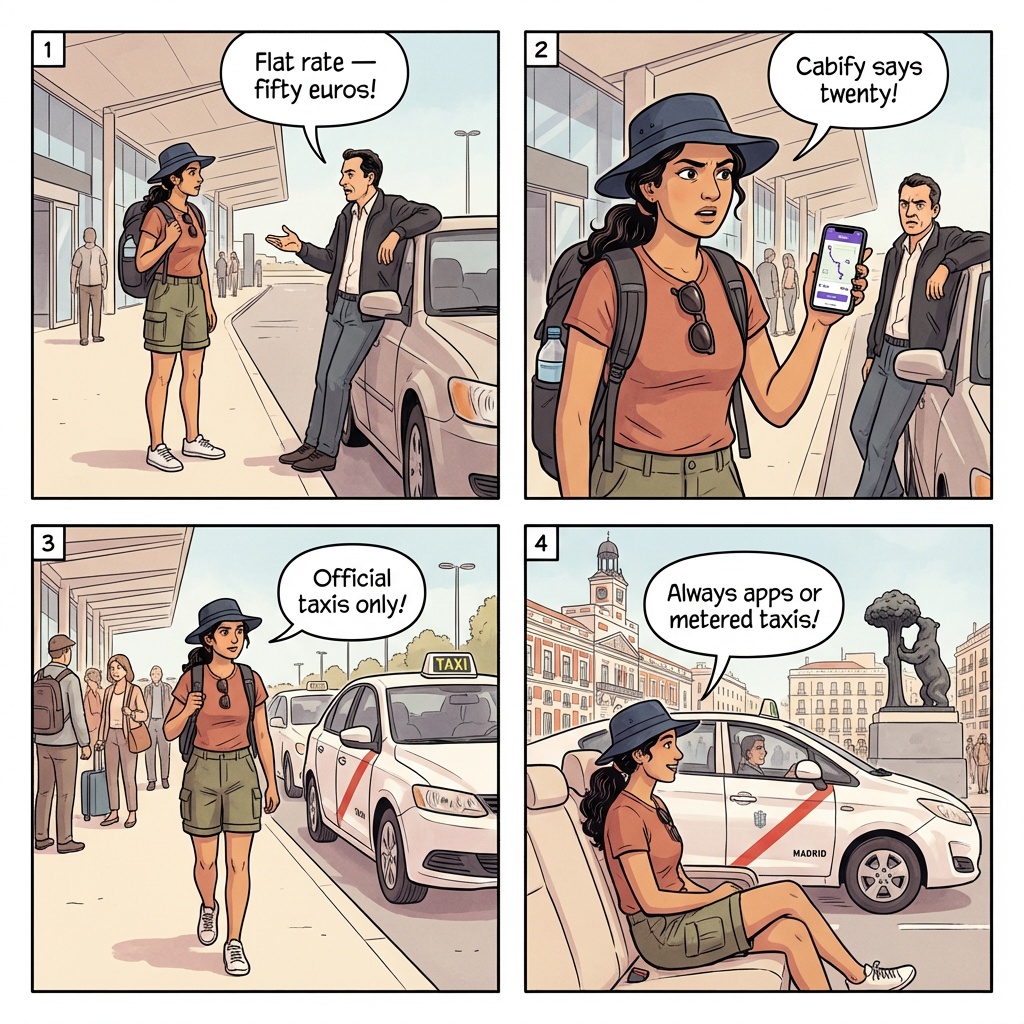 Barajas Airport Taxi Overcharge — comic illustration