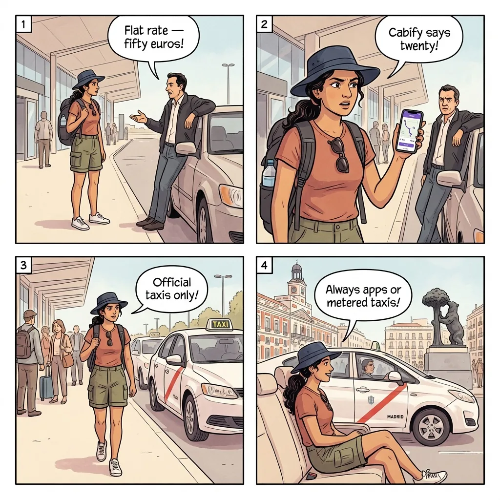 Madrid Barajas Airport Taxi Overcharge — comic illustration