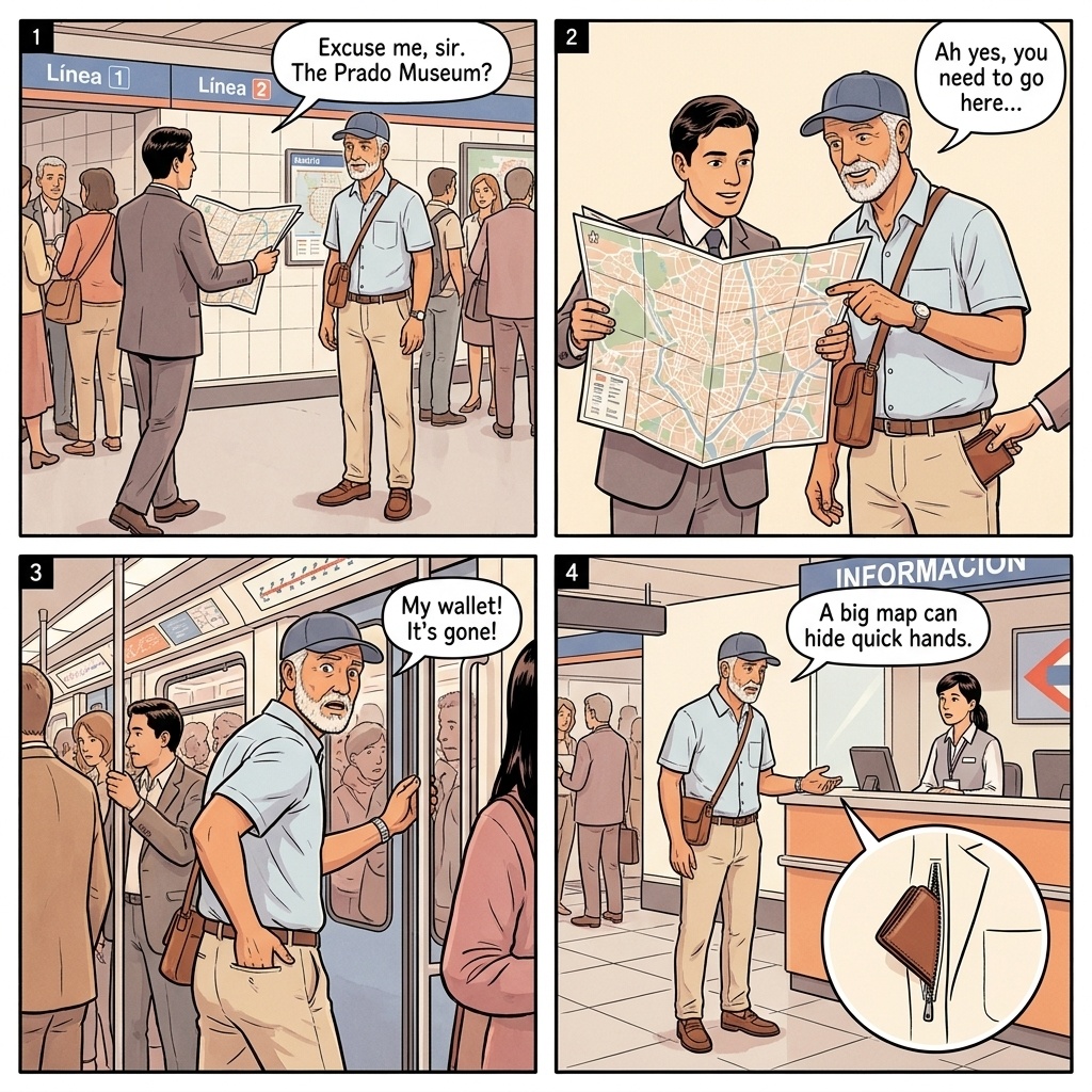 Madrid Metro Sol and Atocha pickpocket teams comic — door-snatch as train doors close on tourist with phone in hand