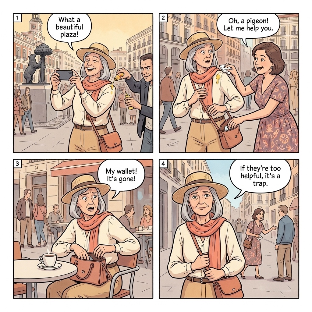 Madrid Puerta del Sol bird-poop distraction comic, tourist with the kilometre-zero plaque visible while a helpful stranger offers napkins