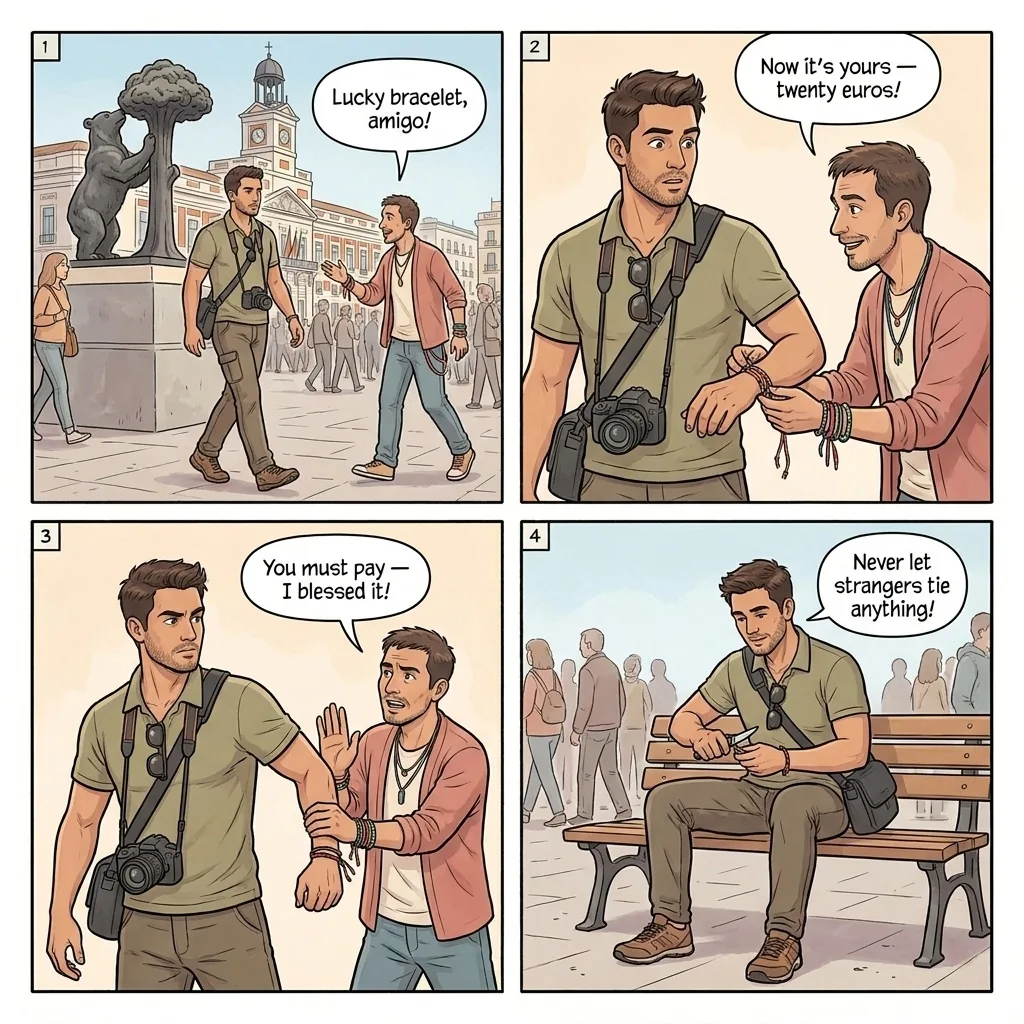 Puerta del Sol Bracelet & Clipboard Petition Scam — comic illustration