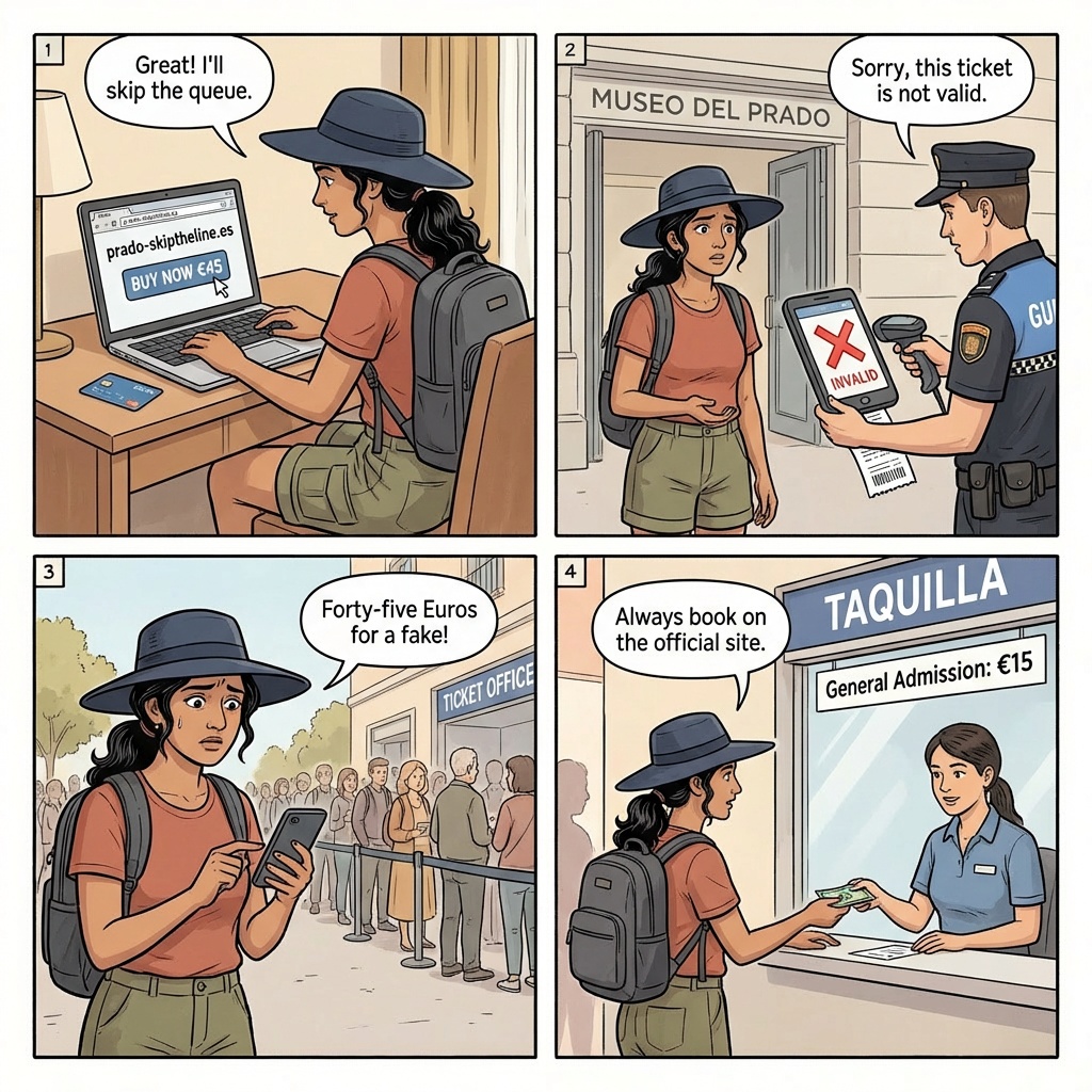 Madrid Prado fake skip-the-line ticket comic, hotel concierge presenting a tour bundle to a tourist couple
