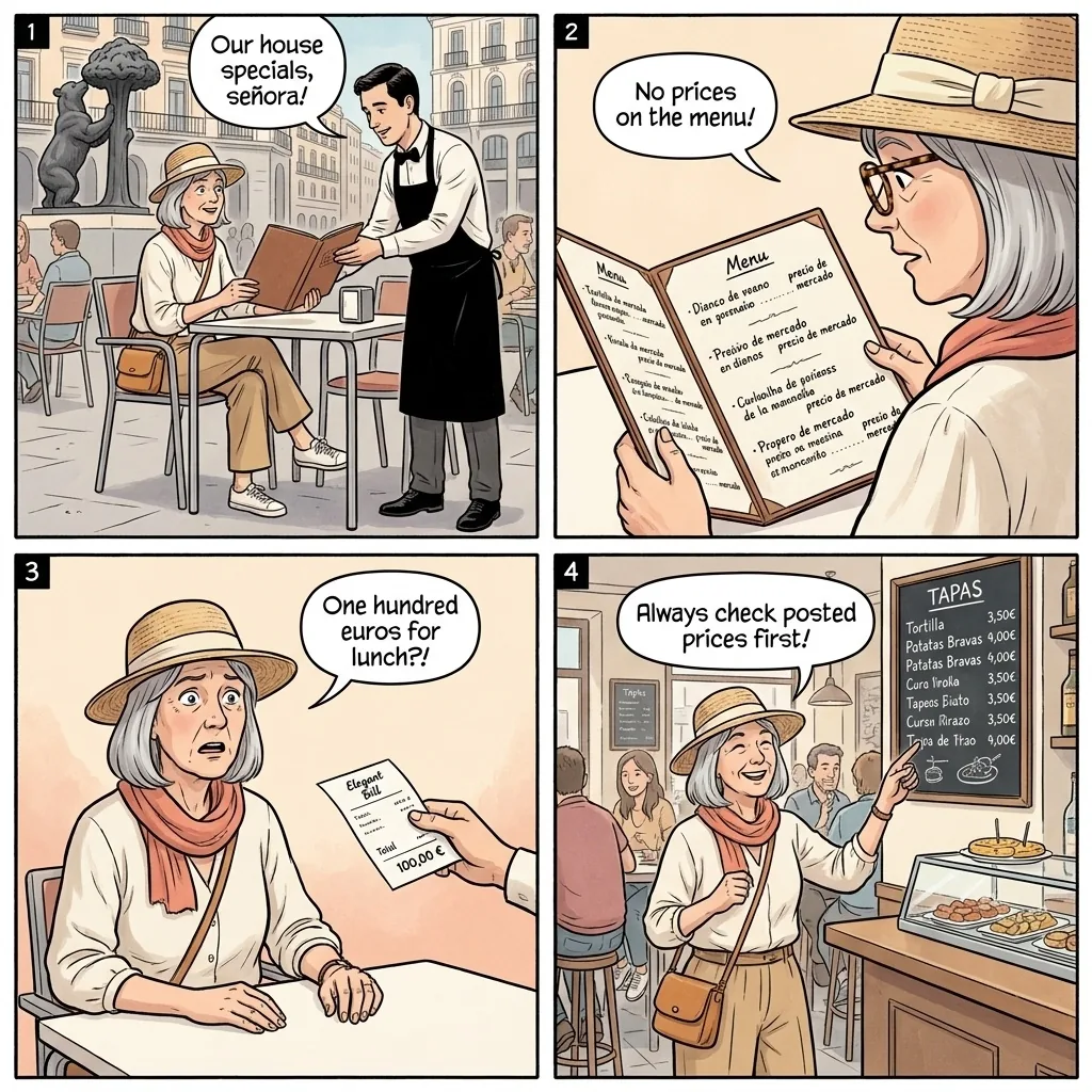 Puerta del Sol & Plaza Mayor Tourist-Menu Restaurant Overcharge — comic illustration