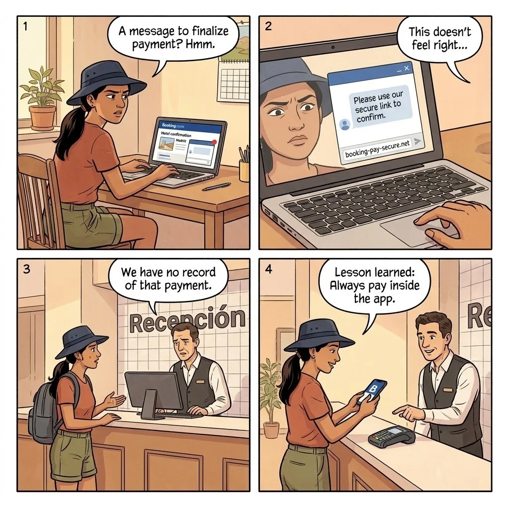 Hotel & Booking Off-Platform Payment Fraud — comic illustration