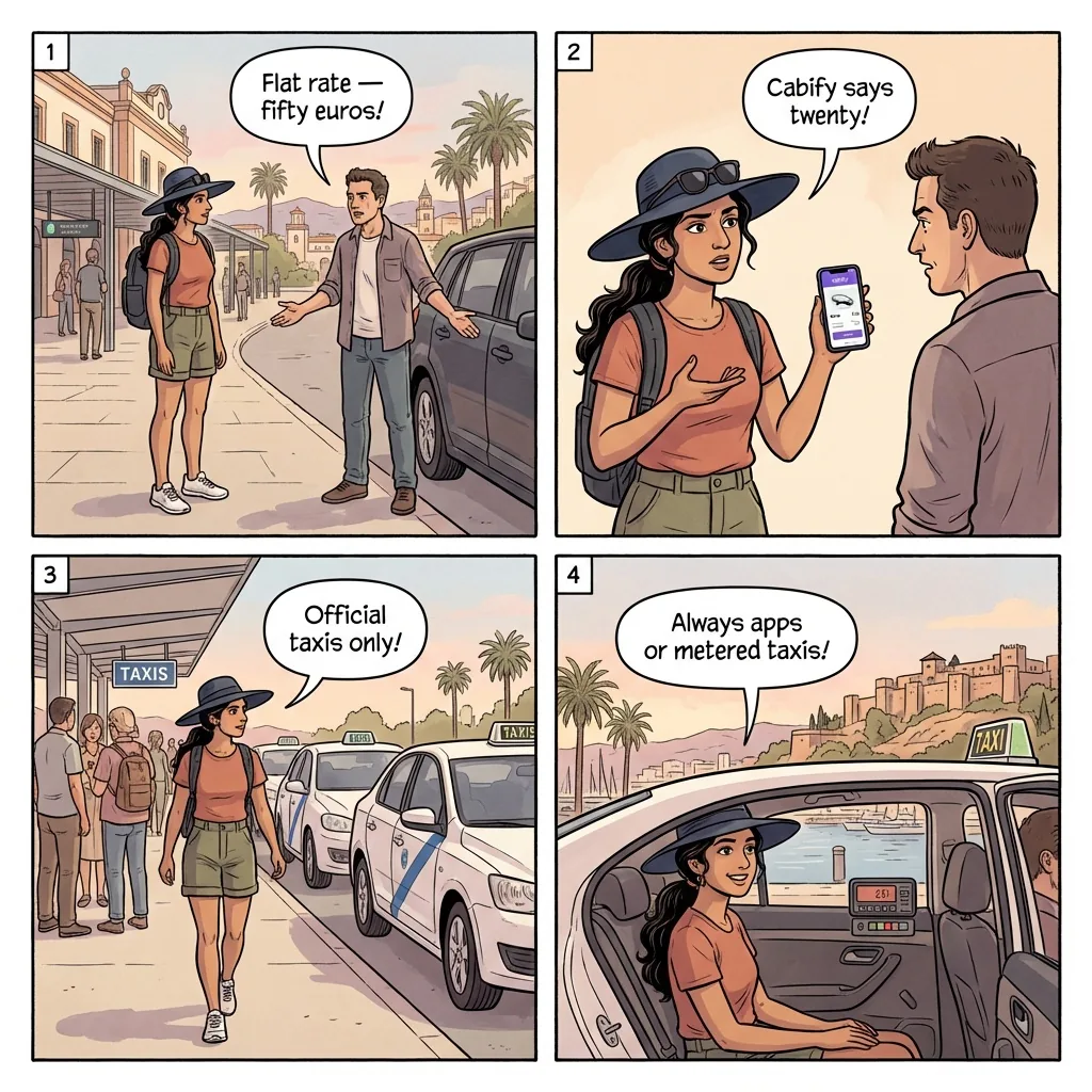 Malaga Airport & Late-Night Taxi Overcharge — comic illustration