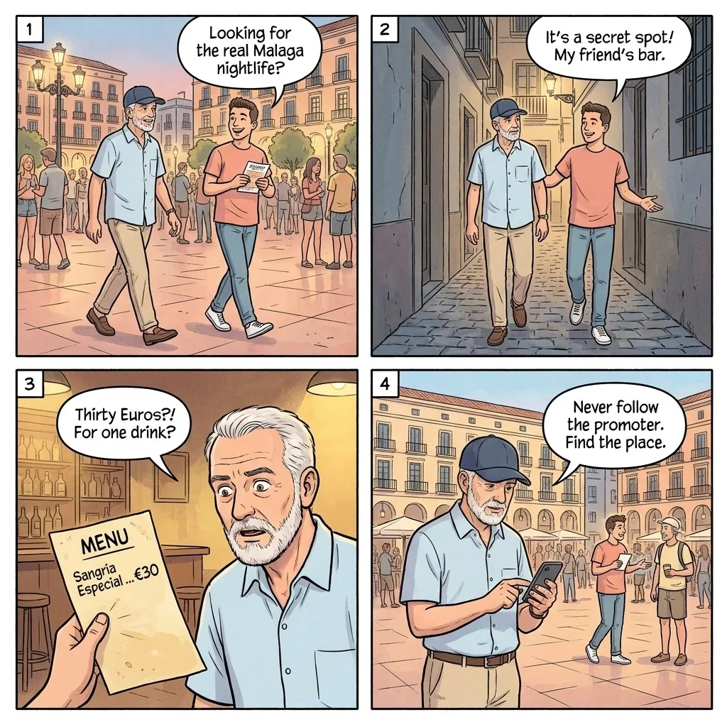 Malaga Old Town Pickpockets & Tout-Driven Nightclubs — comic illustration