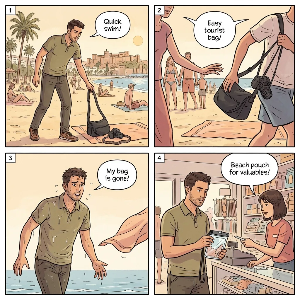 Costa del Sol Beach Theft at Malagueta & Torremolinos — comic illustration