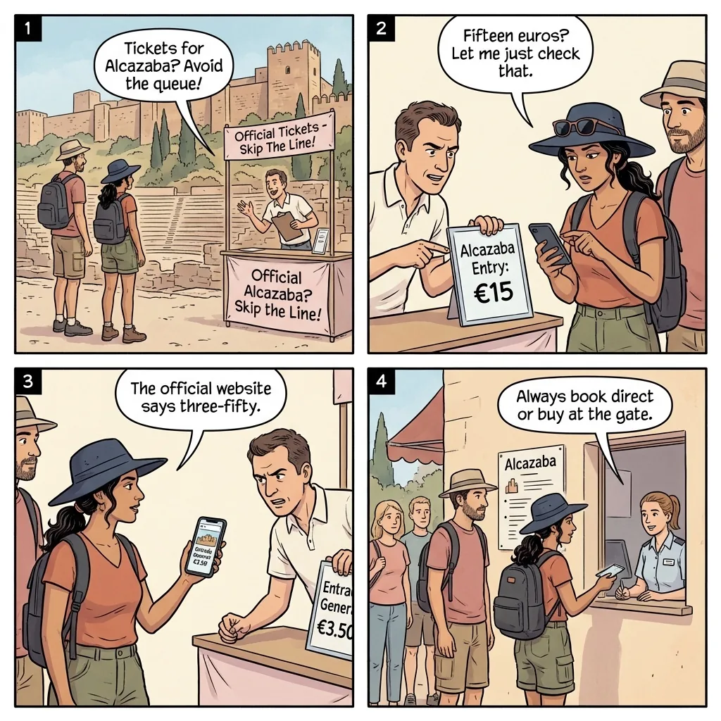 Fake Alcazaba, Gibralfaro & Picasso Museum Ticket Resellers — comic illustration