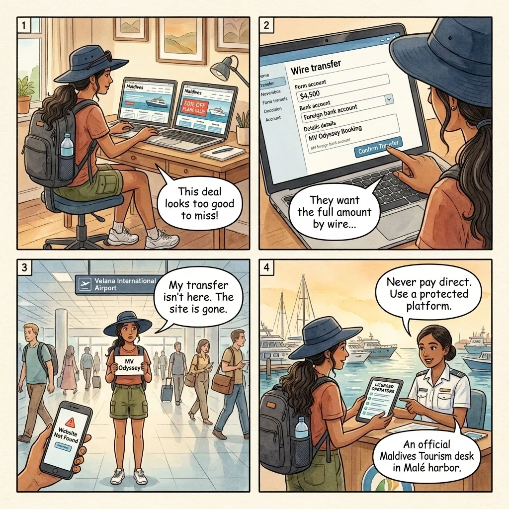 The Maldives Liveaboard Booking Vanish — comic illustration