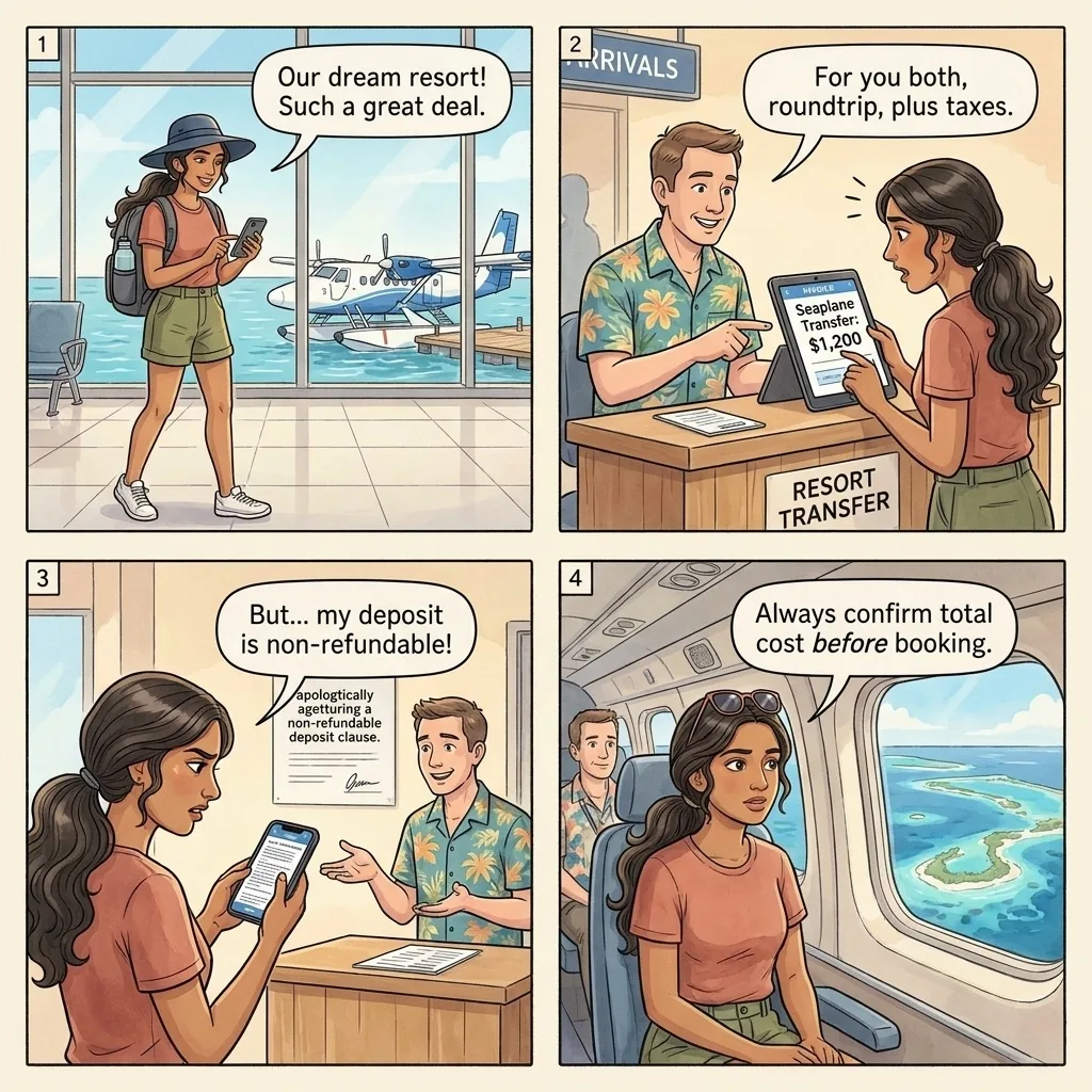 The Velana Seaplane Transfer Price Shock — comic illustration