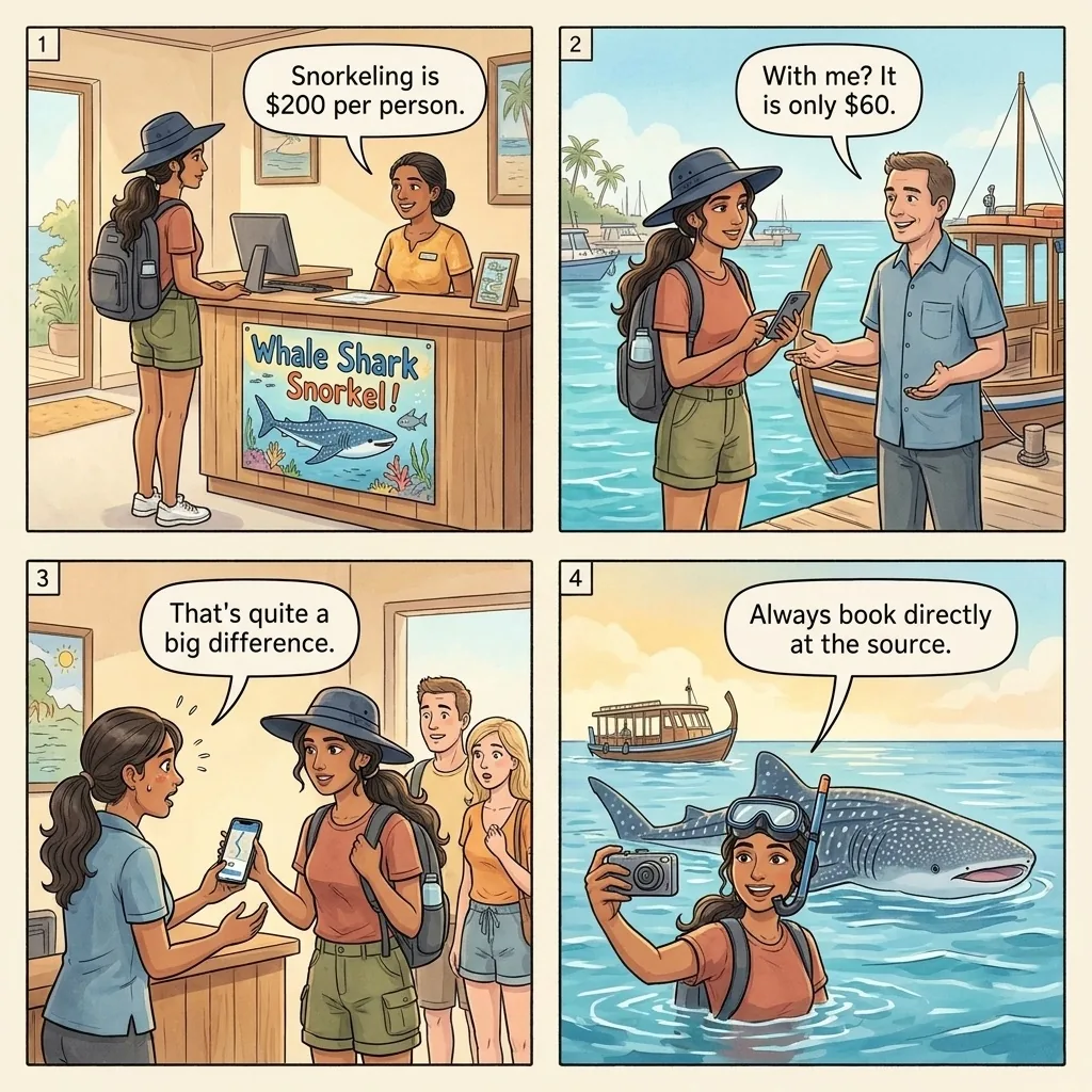 The Maafushi Guesthouse Snorkel-Upsell Pad — comic illustration
