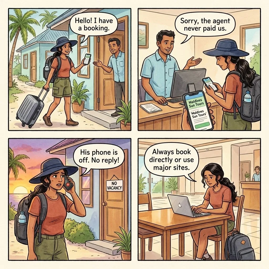 The Hulhumale 'Booking Doesn't Exist' Setup — comic illustration