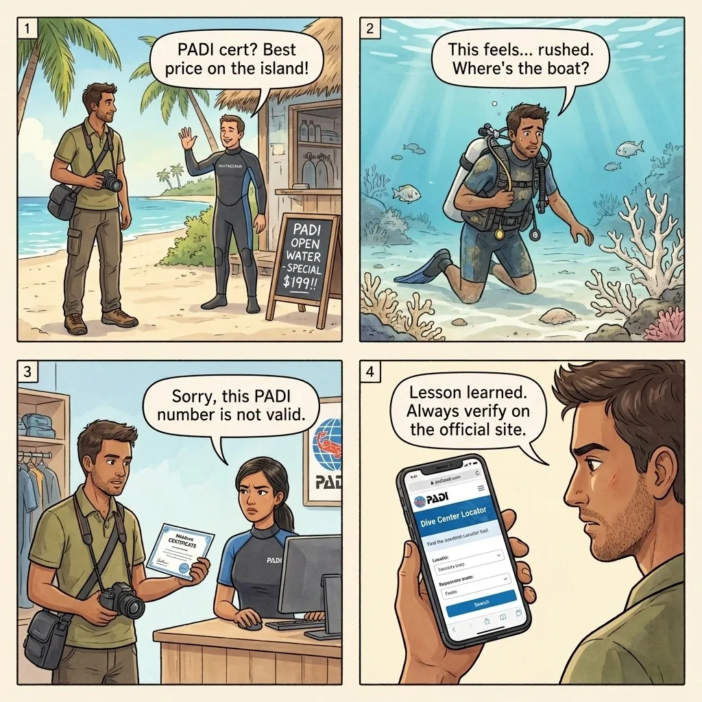 The Maafushi Half-Price PADI Certification — comic illustration