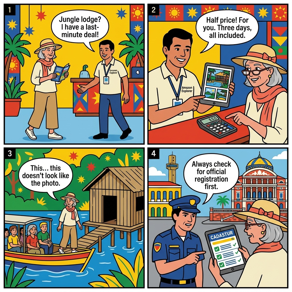Amazon Jungle Lodge Booking Fraud & Commission-Stop Day-Trip Scam — comic illustration