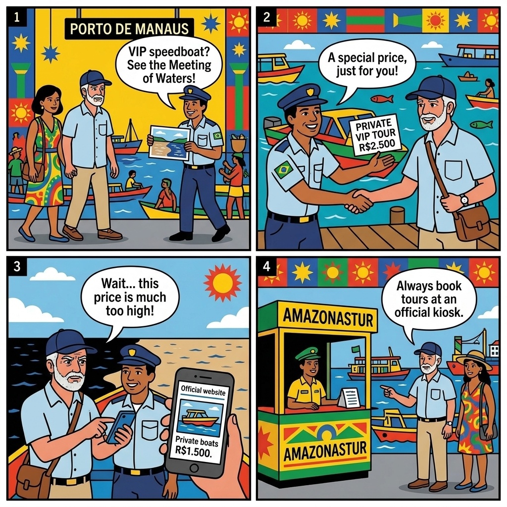 Encontro das Águas Boat-Tour Overcharge & Unlicensed-Operator Safety Risk — comic illustration