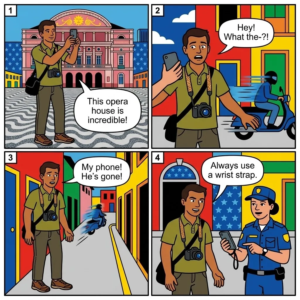 The Teatro Amazonas Phone Snatch — comic illustration