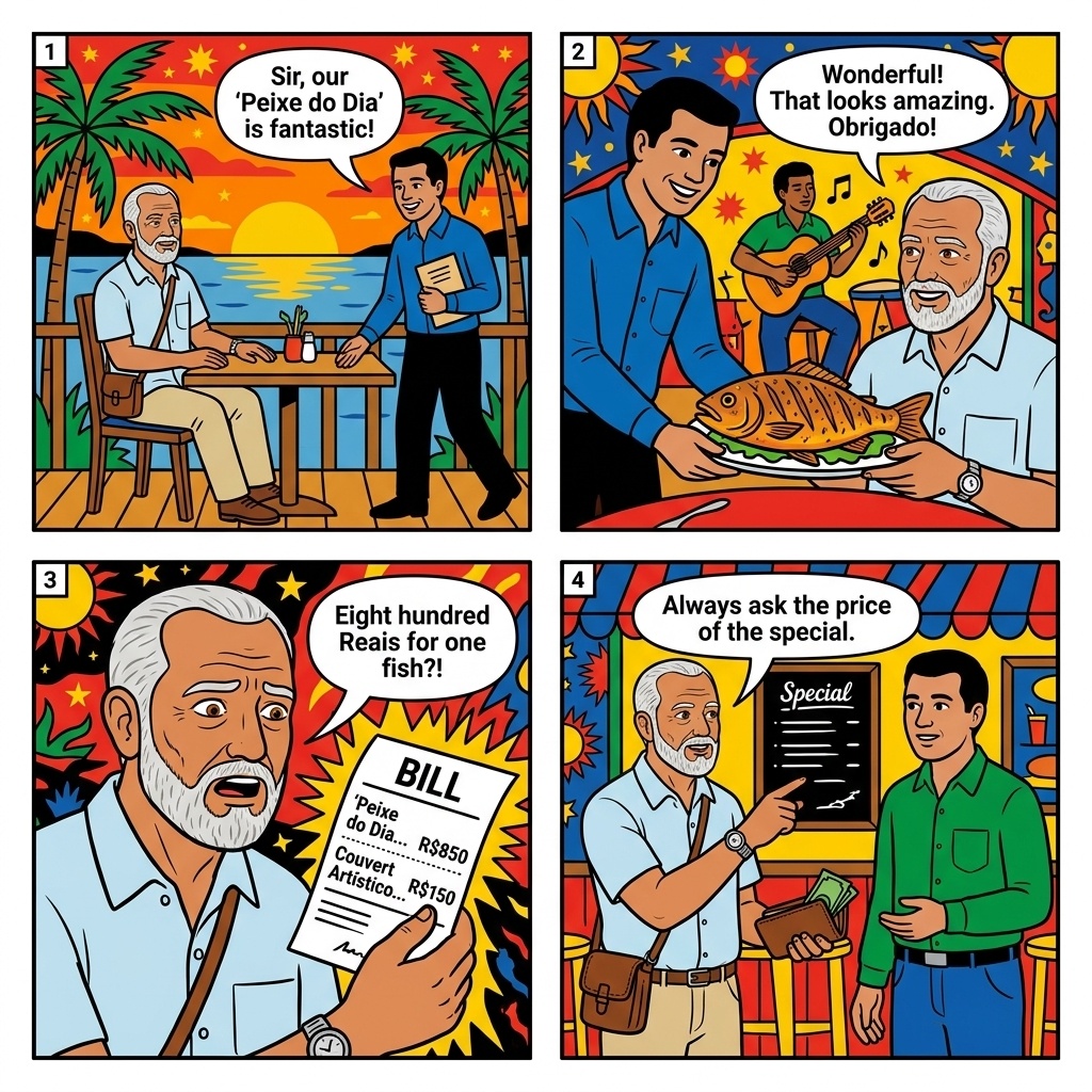 Ponta Negra & Centro Restaurant Couvert + Serviço Padding & 'Peixe do Dia' Market-Price Trap — comic illustration