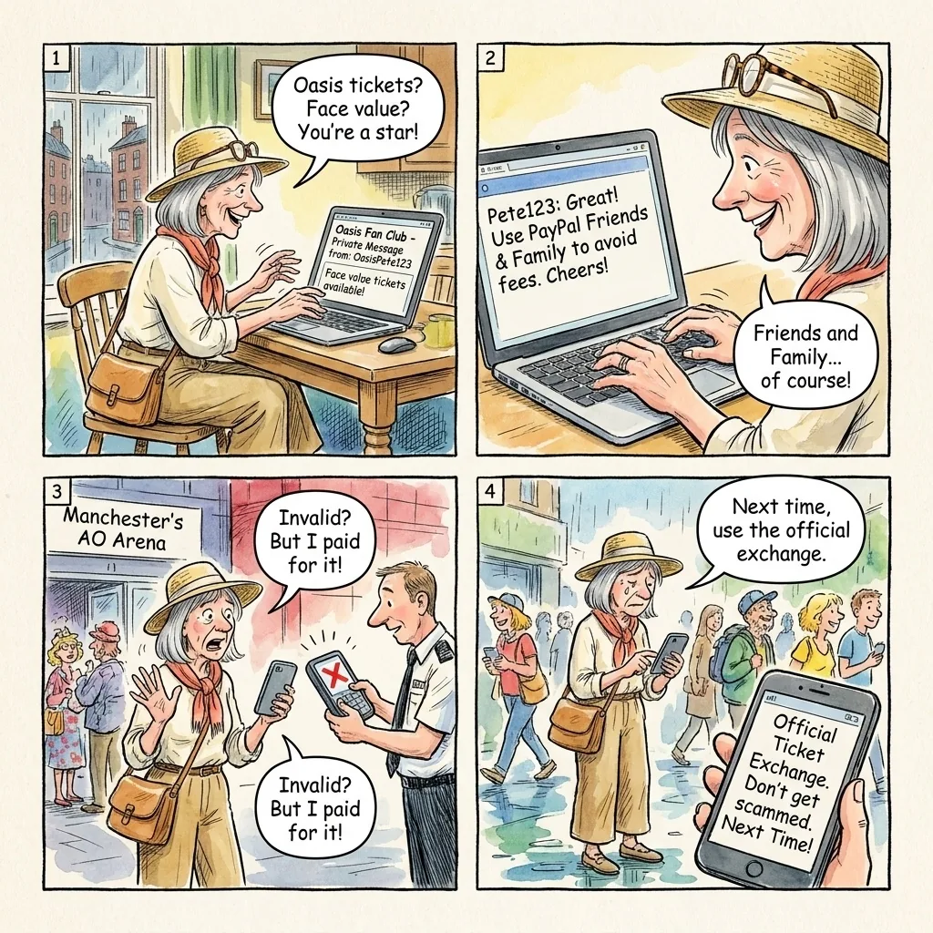 The Fake Concert Ticket Seller — comic illustration