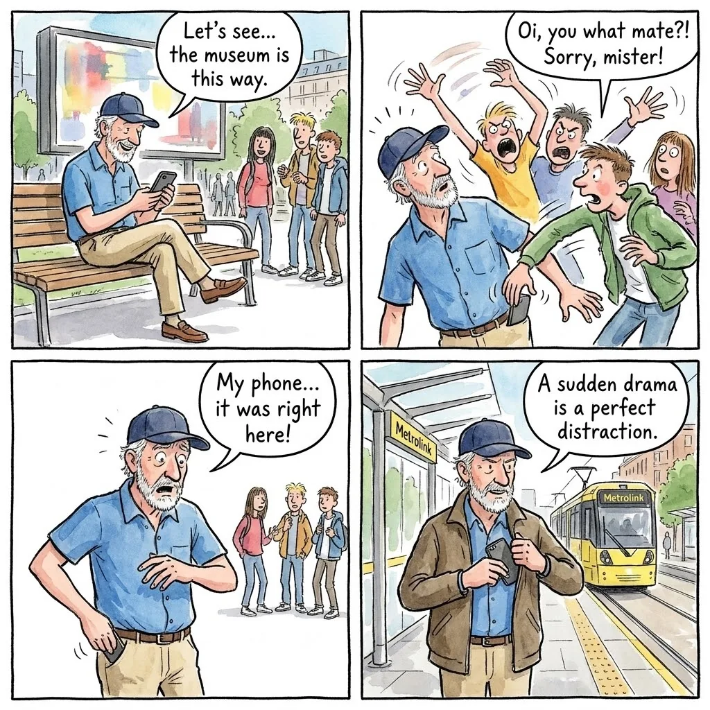 The Piccadilly Gardens Pickpocket — comic illustration