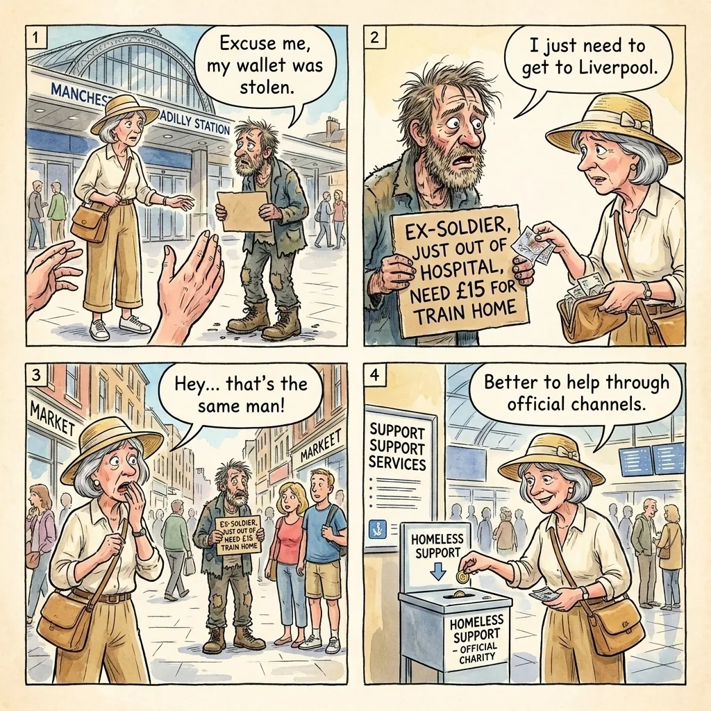 The Sob Story Beggar — comic illustration