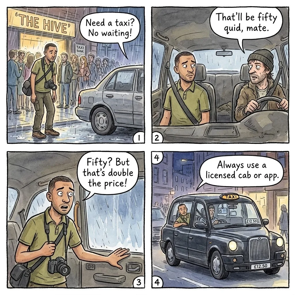 The Unlicensed Late-Night Cab — comic illustration