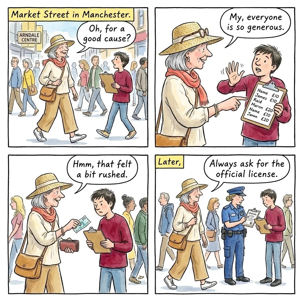 The Clipboard Charity Collector — comic illustration