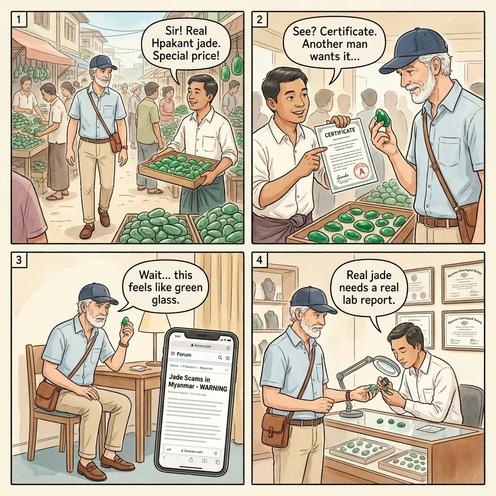 The Mahar Aung Myay Jade-Market Gemstone Fraud — comic illustration