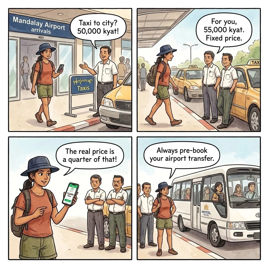 The Mandalay Airport Taxi Cartel Gouge — comic illustration