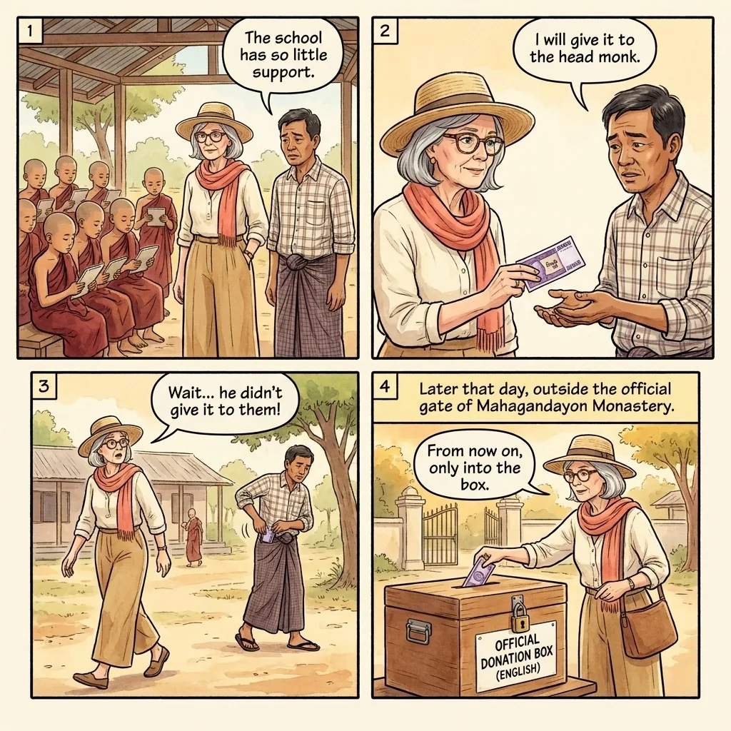 The Amarapura Fake Monastic Donation Pitch — comic illustration