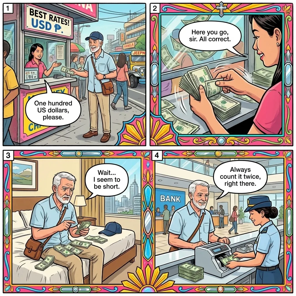The Ermita Money-Changer Quick-Hand Count — comic illustration