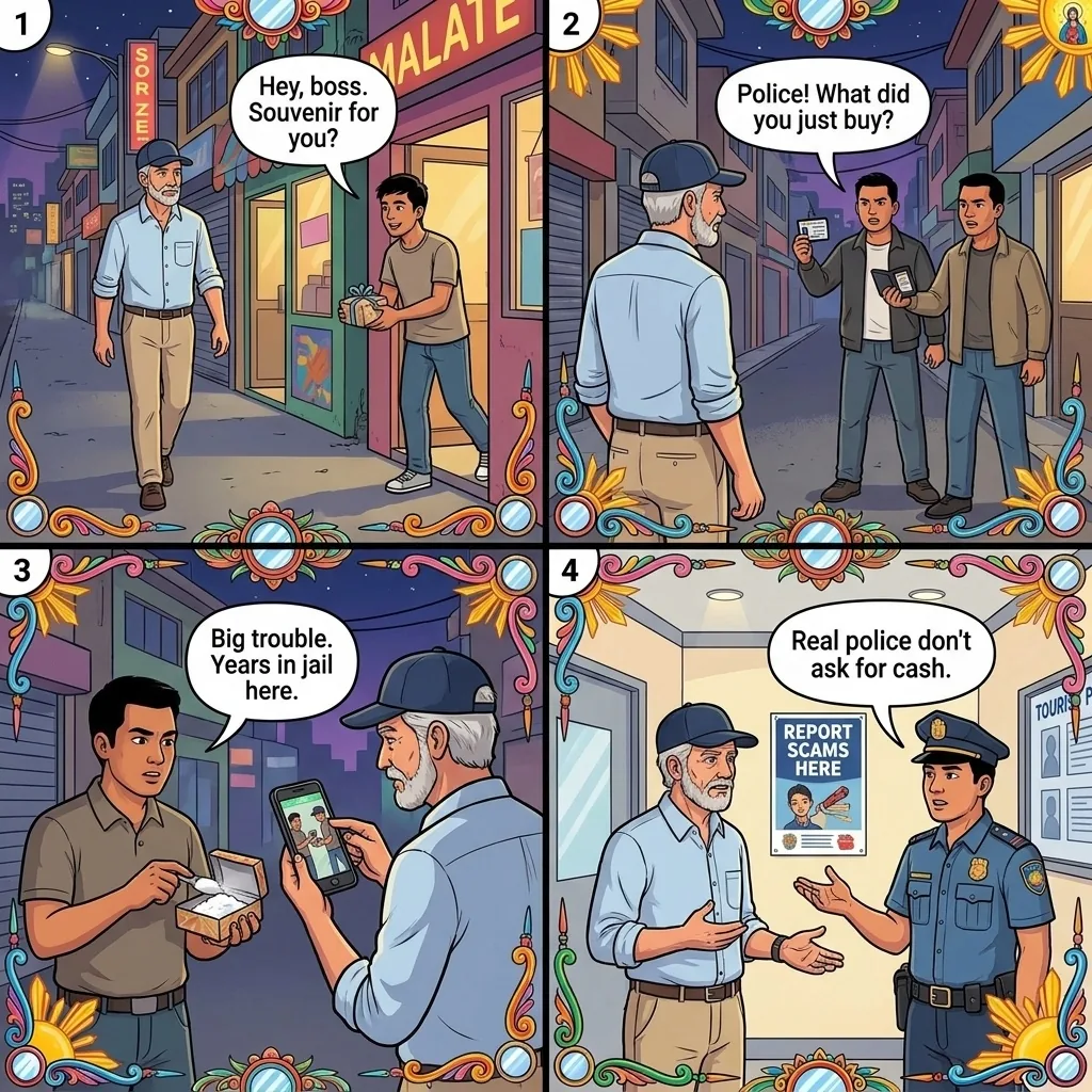 The Malate Fake-Drug Police Shakedown — comic illustration