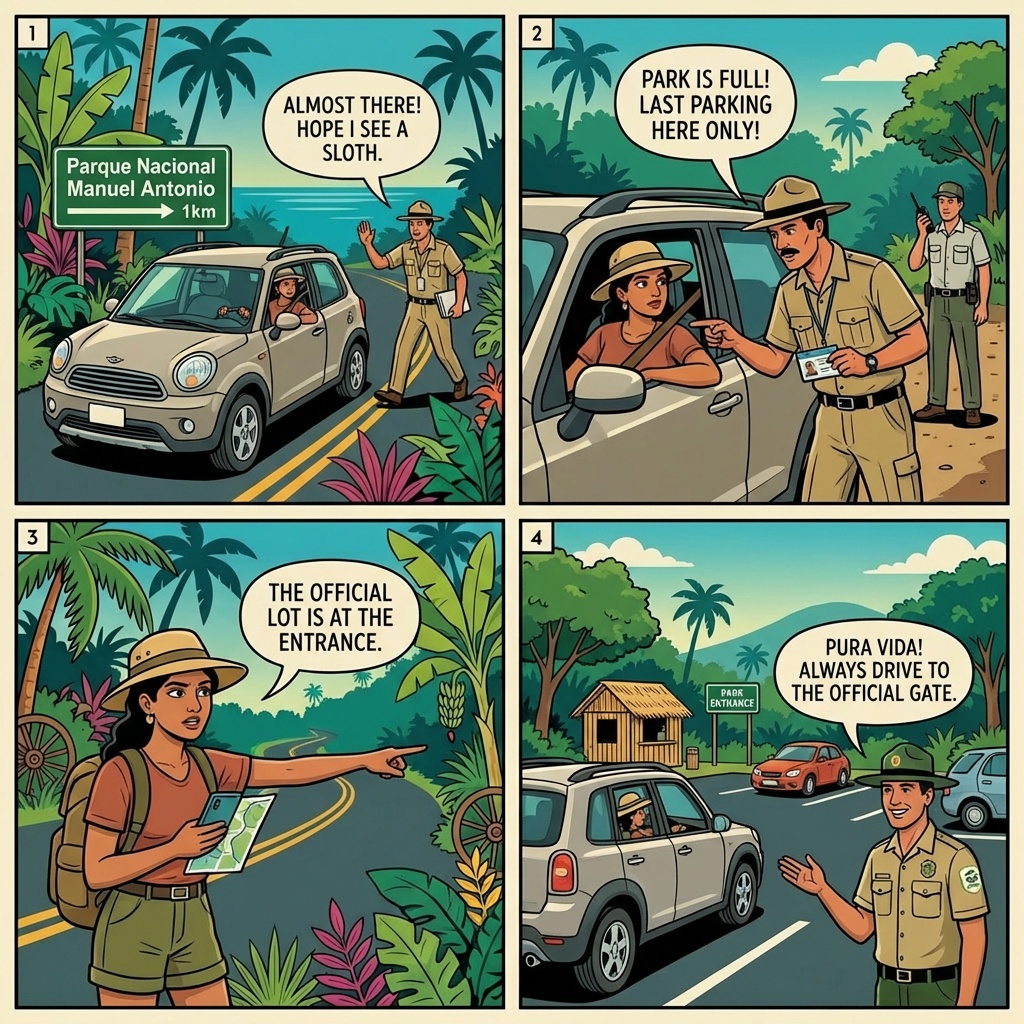 Fake 'Park Ranger' Road Blockers on Route 618 — 'Park Full / Park Closed' Parking Extortion — comic illustration