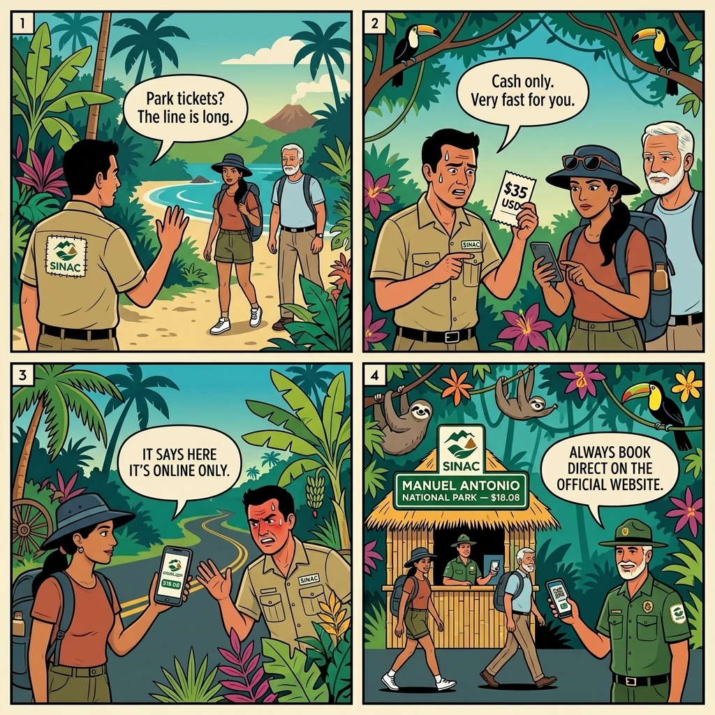 Fake 'SINAC Ticket Booth' Paper Ticket Resellers at the Park Entrance — comic illustration