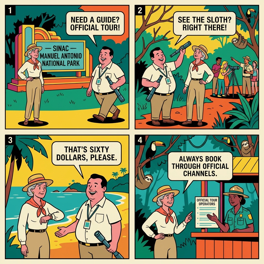 Unofficial 'ICT-Certified' Guides at the Park Gate — $60 Shortest-Route Rip-Off — comic illustration