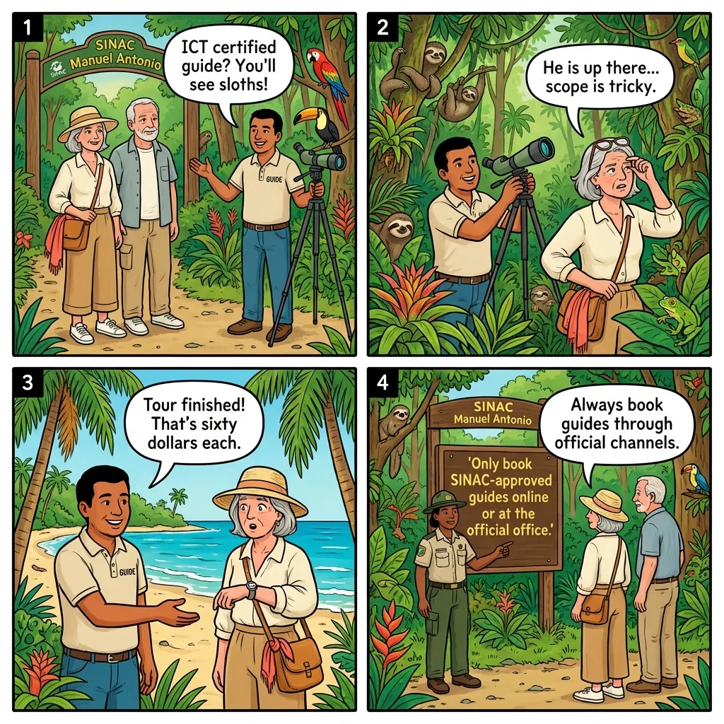 Fake 'ICT-Certified' Guides at the Park Gate — comic illustration