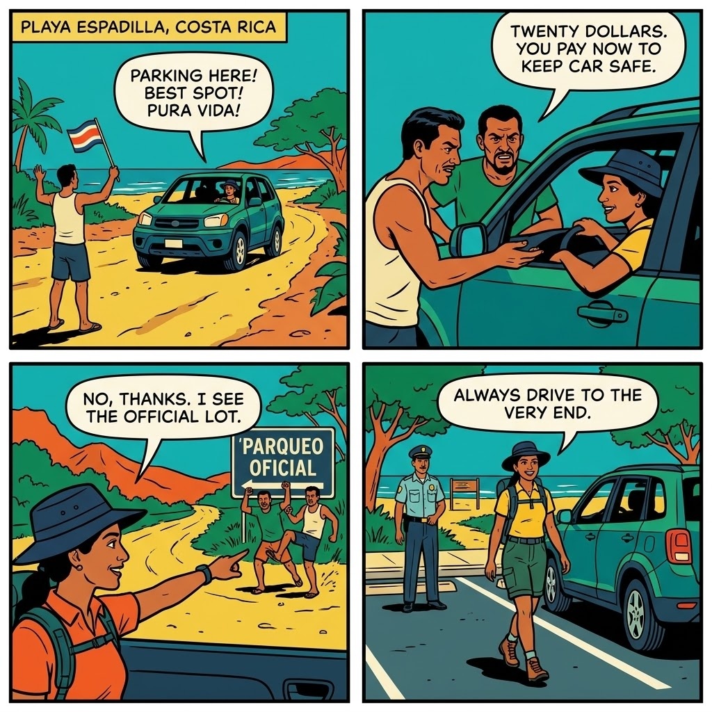 Playa Espadilla Beach 'Parking + Umbrella' Cash-Only Intimidation at David's Crew — comic illustration