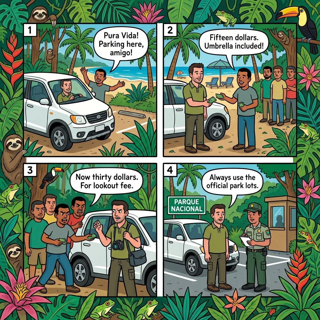 Playa Espadilla 'Parking + Umbrella' Cash-Only Shakedown — comic illustration