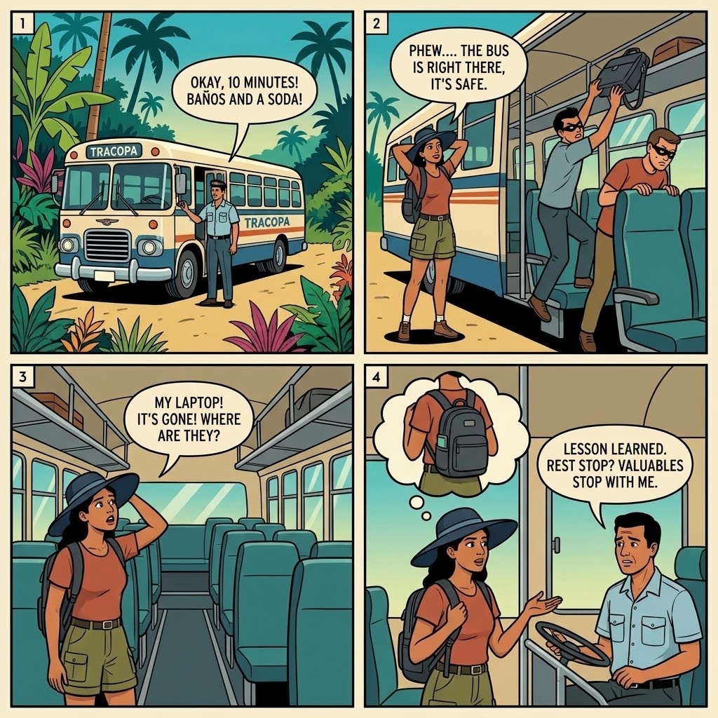Tracopa Bus SJO–Quepos Rest Stop Luggage & Overhead-Bin Theft — comic illustration