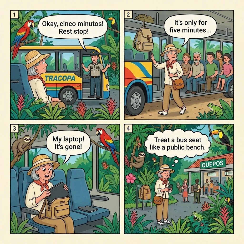 Tracopa Bus SJO–Quepos Rest Stop Luggage & Overhead-Bin Theft — comic illustration