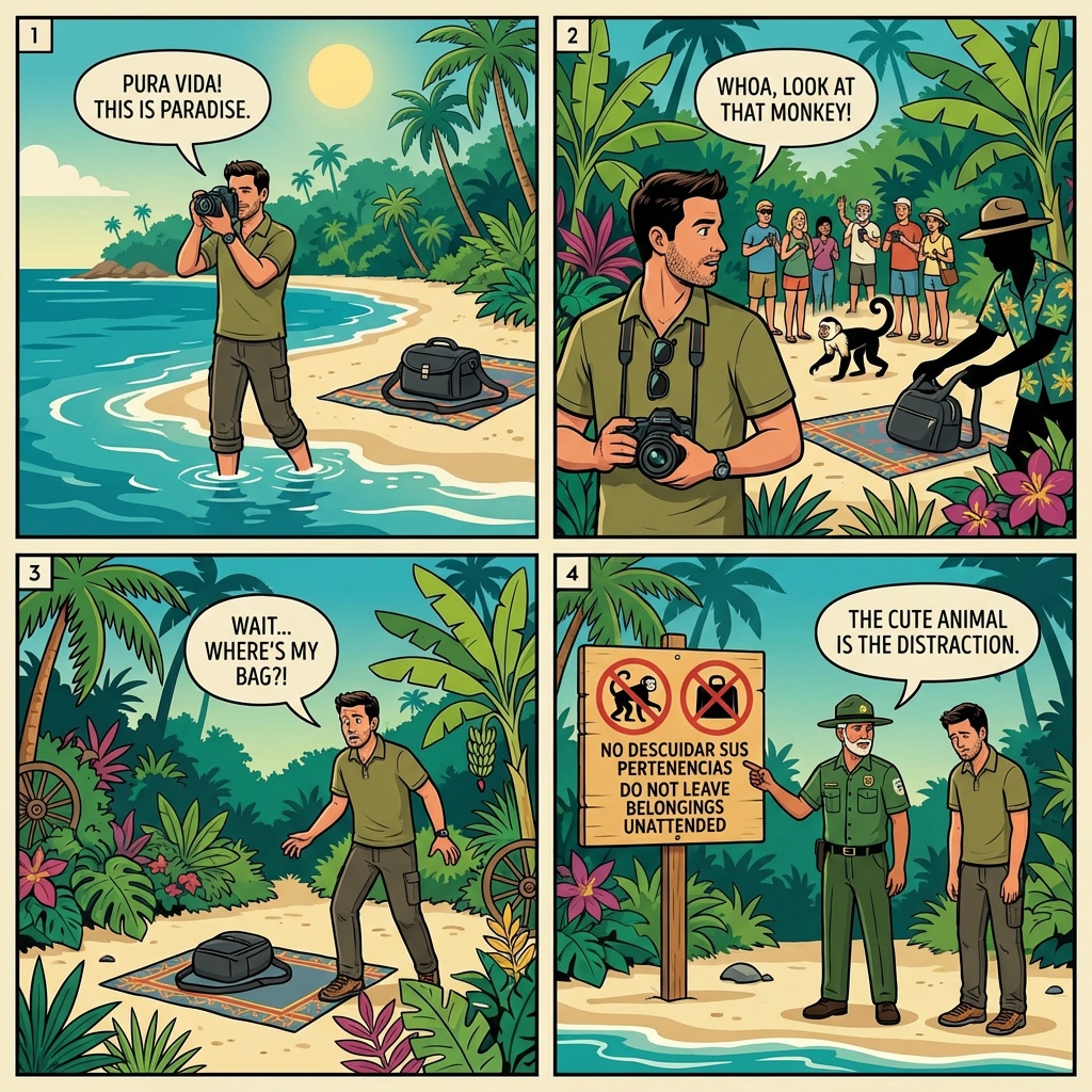 White-Faced Capuchin & Raccoon Beach-Theft Distraction — Monkey-Feeding Bag Grab — comic illustration